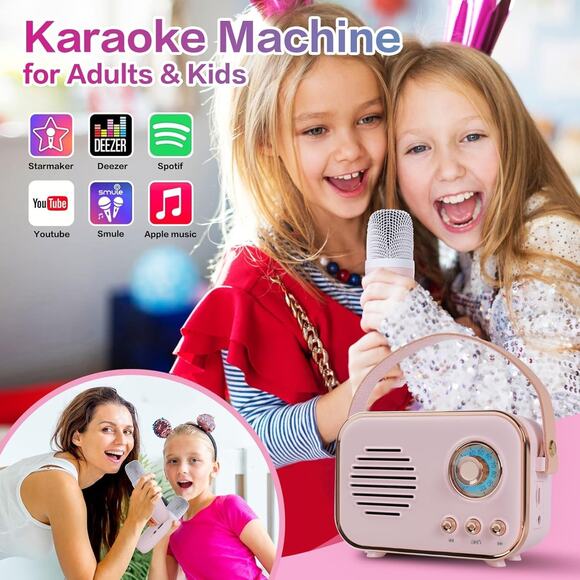 Retro Mini Karaoke Machine with Wireless Microphone, Portable Small, 1 Mic, Pink - Picture 2 of 6